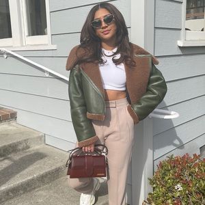 Ducie Jade Cropped Genuine Leather & Shearling Aviator Jacket - Green/Brown